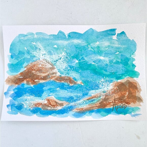 Beach Splash Original Seascape Watercolor Painting Matted Frame Ready 8x10in Mat - Picture 5 of 6